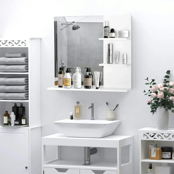 Bobobiy Modern Bathroom Mirror, Wall-mounted Vanity Mirror with 3 Tiers Storage Shelves for Make Up, White