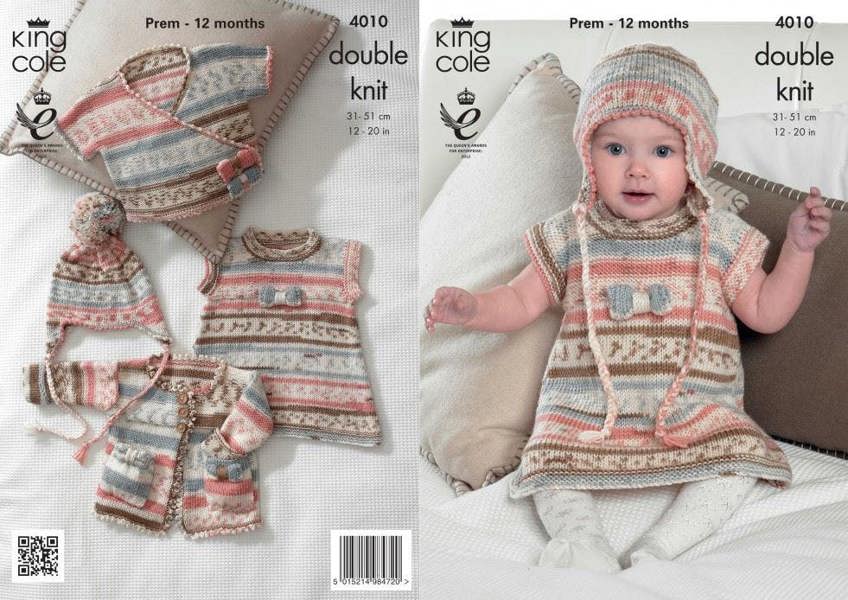 King Cole Cherish Knitting Pattern 4010, Dresses, Headwear, Jackets, Cardigans for Baby, Premature - 12 Months - Intermediate