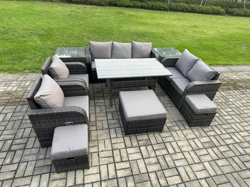 Fimous 10 Seater Garden Rattan Furniture Dining Table Sofa Set Indoor Outdoor with 2 Reclining Chairs 2 Side Tables 3 Footstools Dark Grey Mixed