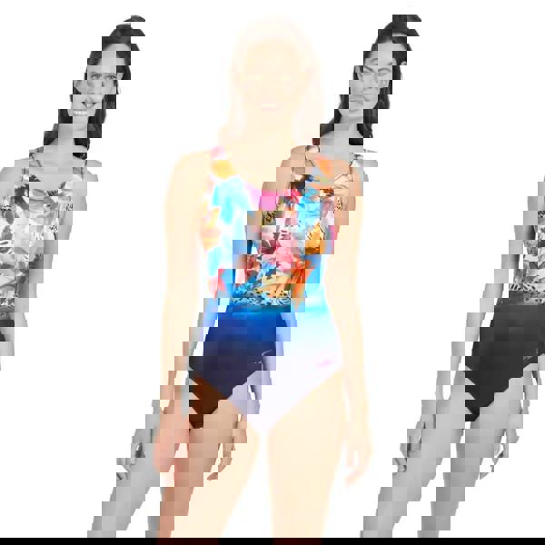 Zoggs Biarritz scoopback swimsuit in navy multi with tropical floral print