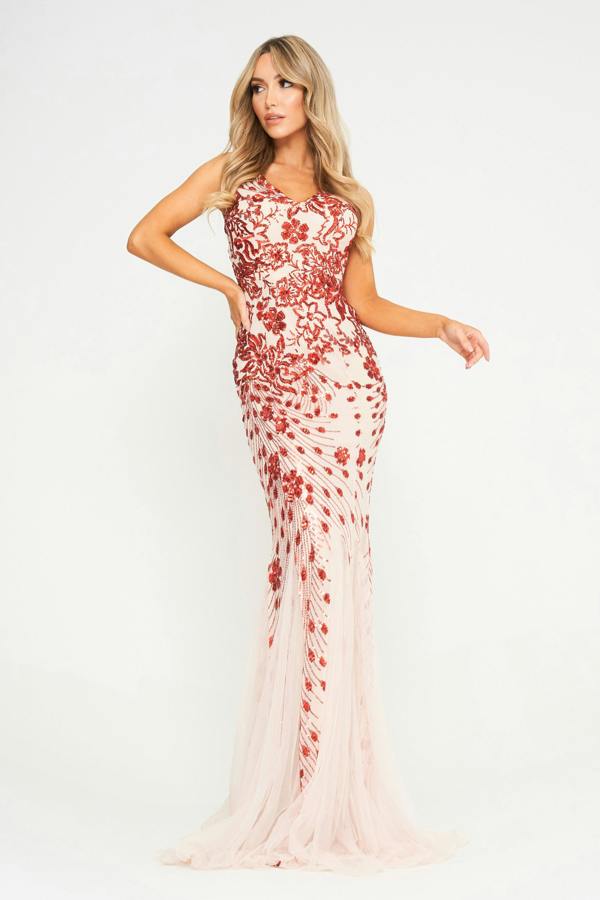 LuvForever Vesta - Red Mesh Sequin Maxi Dress