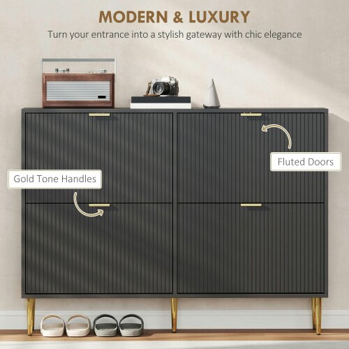 Wyld Haus Cofa Zimo Wooden Black Elegant 4 Ribbed Drawer Shoe Cabinet Gold Handles