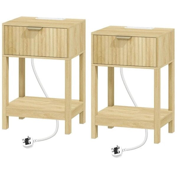 Modern Fluted Nightstand Set of 2, Bedside Table with Charging Station, Drawer and Open Shelf for Bedroom, Oak