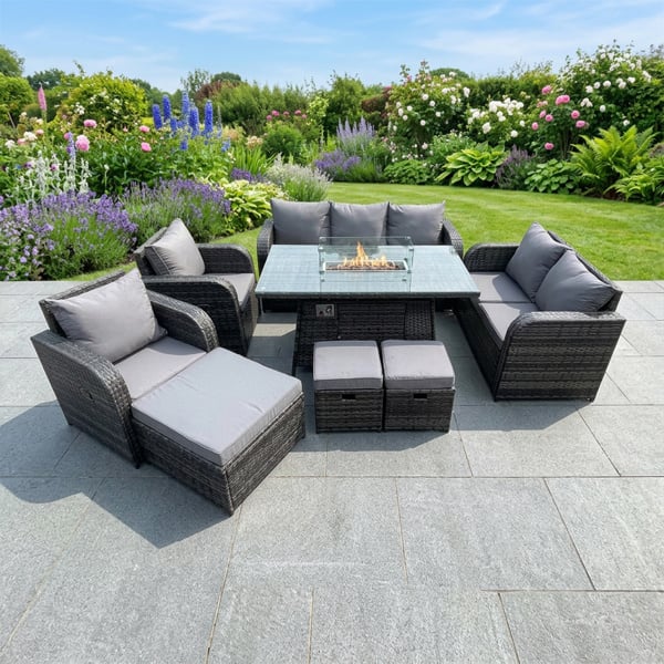 Fimous Rattan Outdoor Garden Furniture Set with Gas Fire Pit Table, 2 Sofas, 2 Chairs, 3 Footstools - 10 Seater - Dark Grey