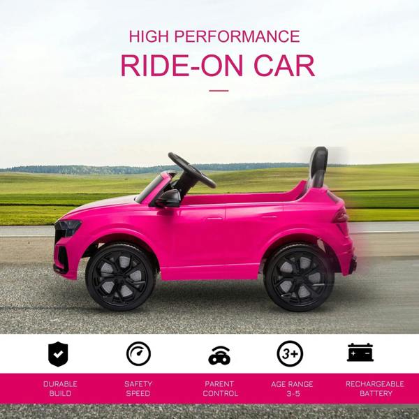 Pink kids electric ride-on car side view with raised steering console