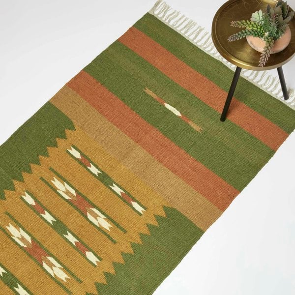 HOMESCAPES Lundi Orange & Green Kilim Cotton & Jute Rug