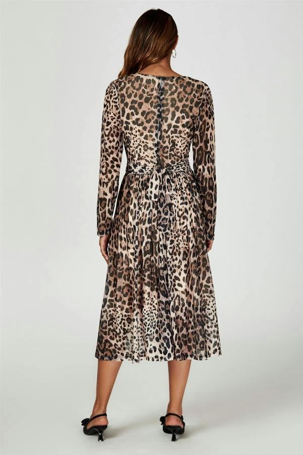 FS Collection Leopard Print Mesh Midi Dress In Brown