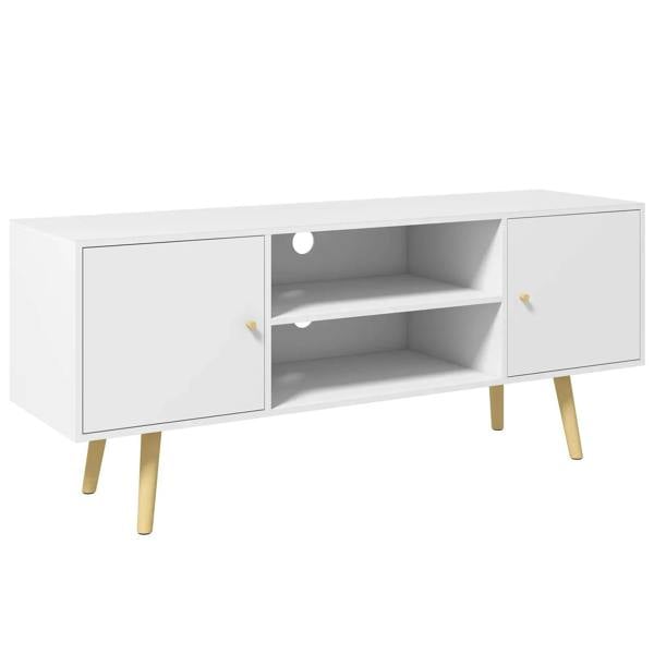 White TV stand cabinet with open center shelves, side doors, and wood legs.