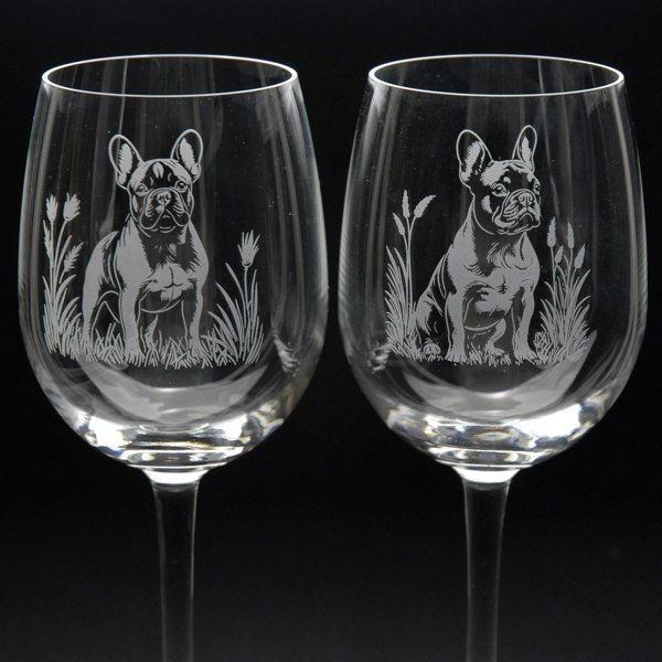 Glyptic Glass Art French Bulldog Dog Crystal Wine Glass - Hand Etched/Engraved Gift