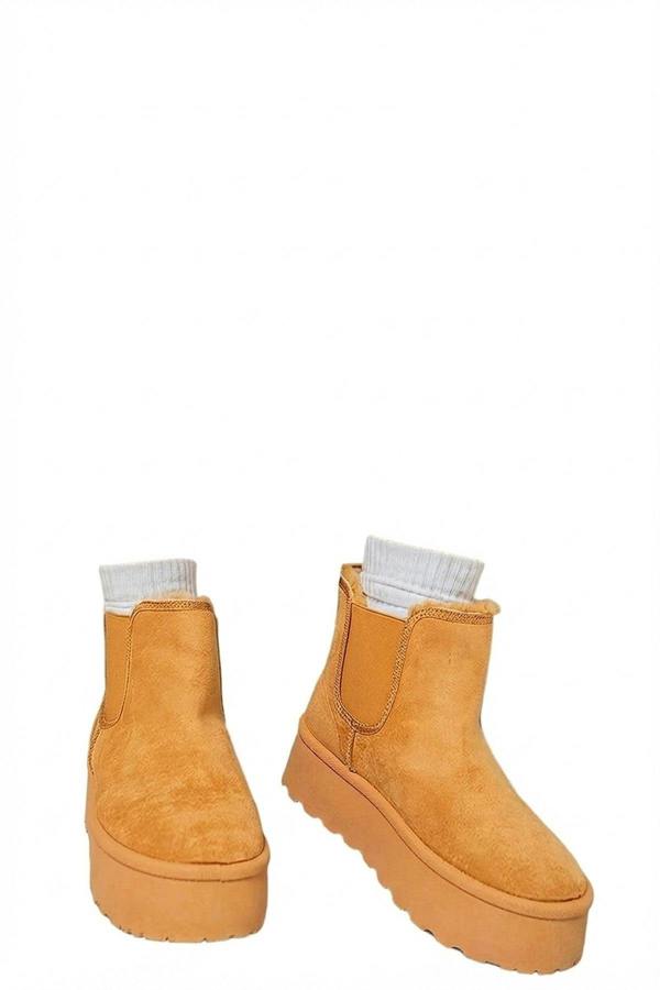 Edith Fluffy Platform Sole Chelsea Faux Fur Lined Ankle Boots - Camel_wb