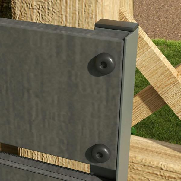 Close-up of dark grey planter box corner with large round rivet details.