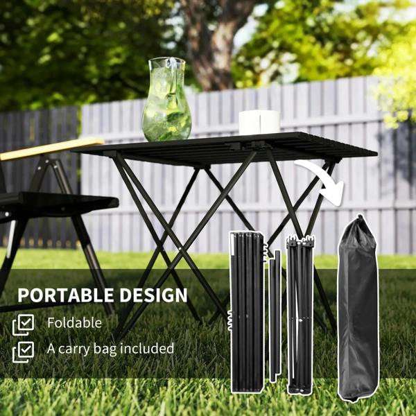 Foldable camping table with black slatted top and included carry bag