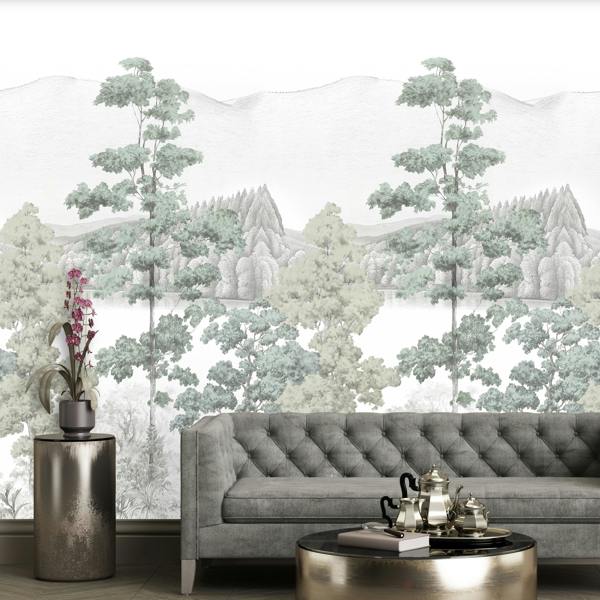 Grandeco Alix Lakeside Tree Sketch Scene 3 panel repeatable Mural 1.59 x 2.8m, Green