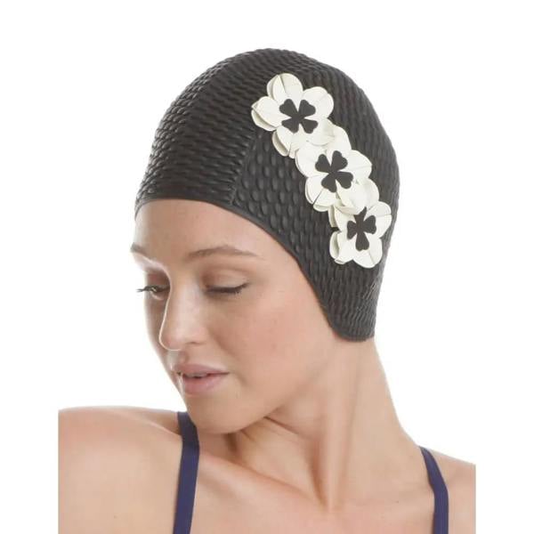 Fashy Flower Bubble swim cap in black with white floral neoprene design