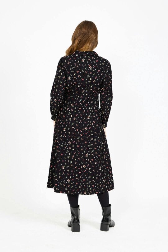 Mudflower Floral Print Corduroy Collared Full Sleeve Dress
