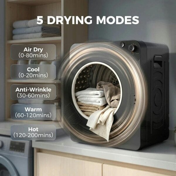 5kg Vented Tumble Dryer, 1000W Compact Tumble Dryer with 5 Drying Modes, Stainless Steel Tub, Black