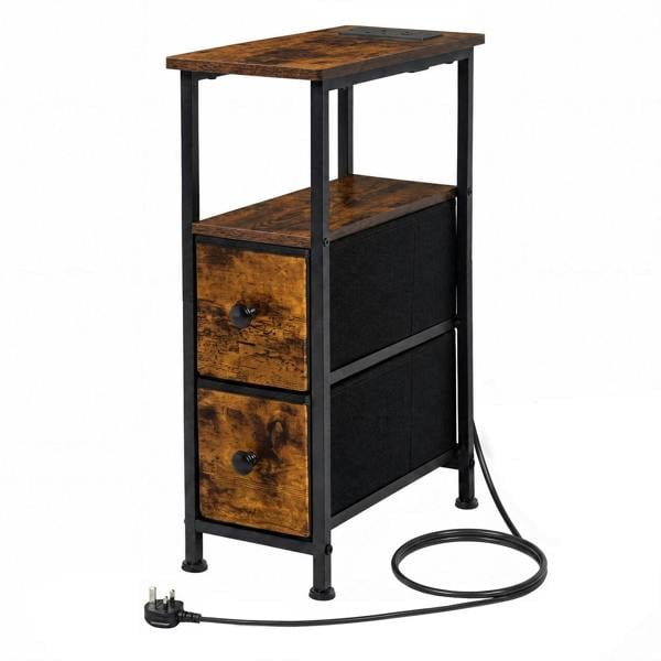 Levede Bedside Table Narrow Side Table with LED Charging Station Storage Brown