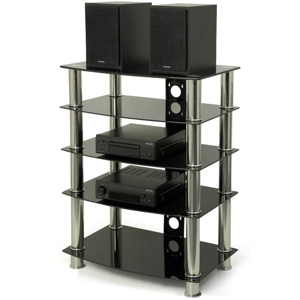 Centurion Supports Galago 5-Shelf Premium Black Glass with Silver Legs AV Rack