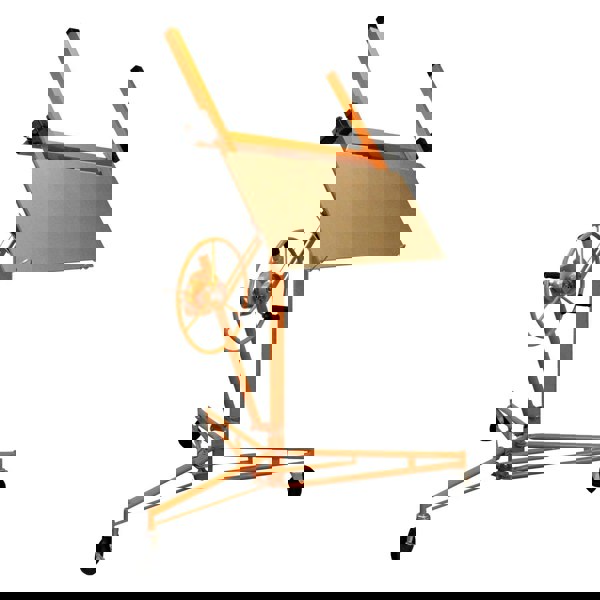 16ft drywall and plasterboard lifter hoist in bright orange, featuring a sturdy frame, adjustable angle, and rolling...