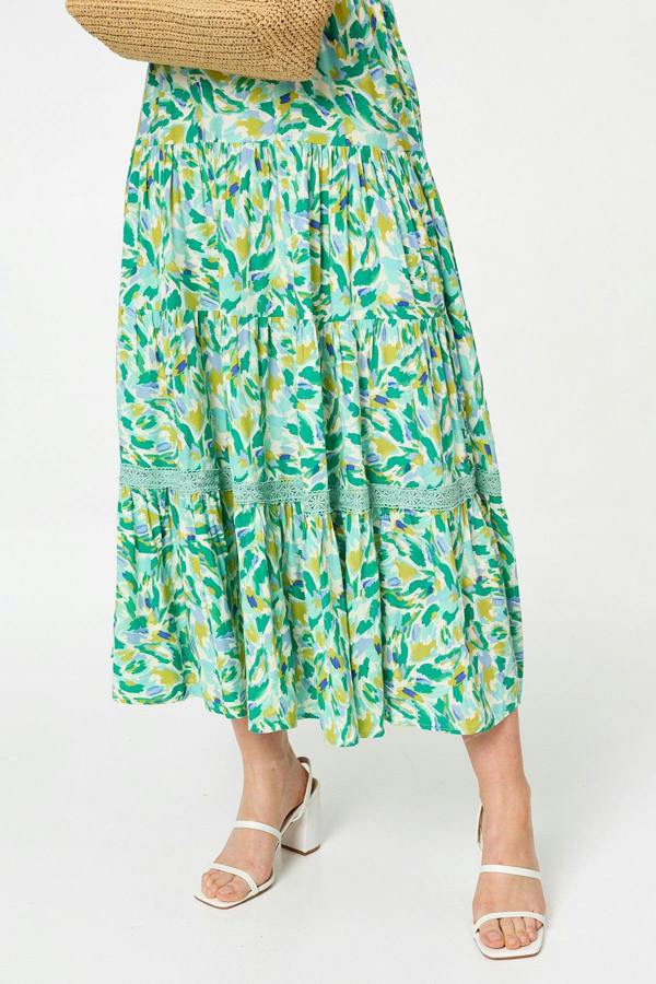 Green | Printed Cap Sleeve Lace Tier Maxi Dress