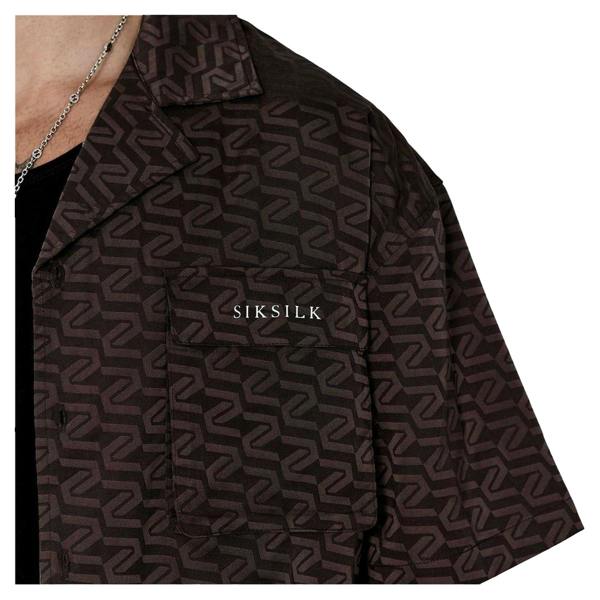 SikSilk Mens Geometric Relaxed Fit Short-Sleeved Shirt - Brown - 