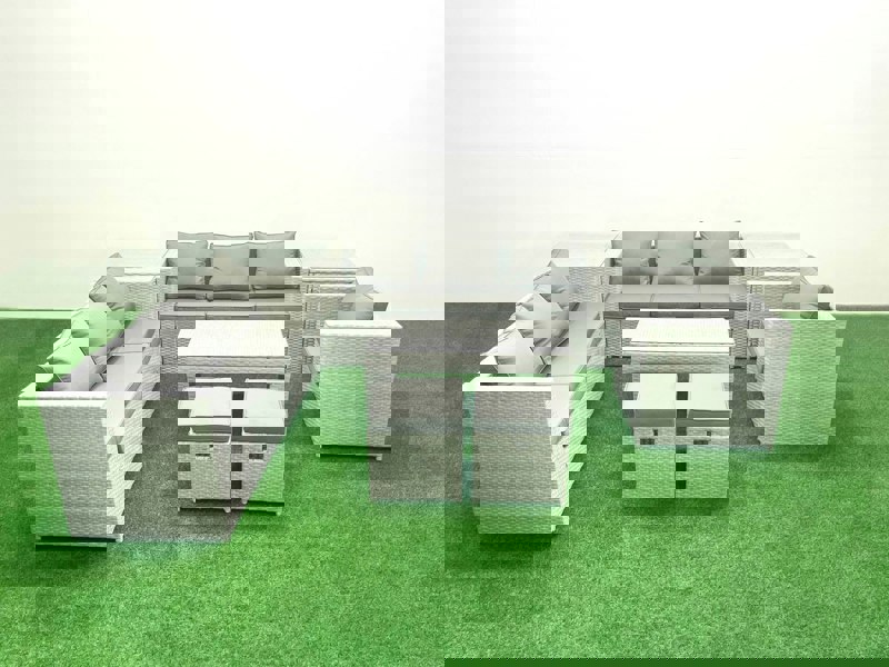 Fimous Wicker PE Rattan Sofa Garden Furniture Set with Oblong Coffee Table Armchair 2 Small Footstools 2 Side Tables Light Grey Mixed