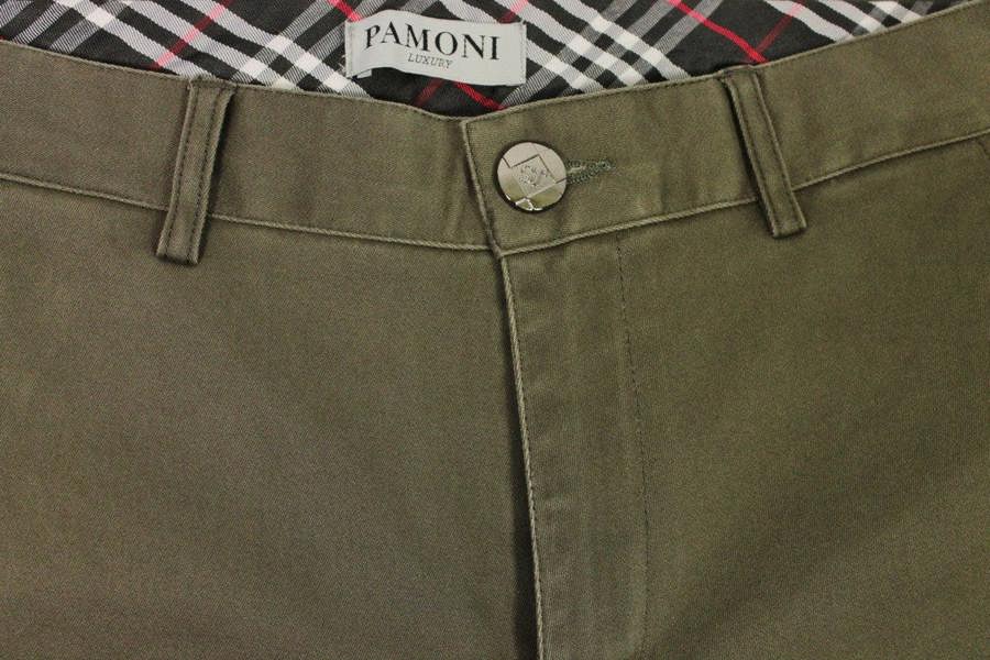 Close up of the khaki stretch slim fit chino - Pamoni