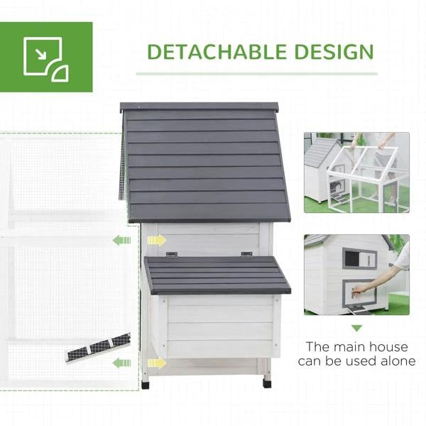 Chicken coop with detachable main house and dark grey roof panels