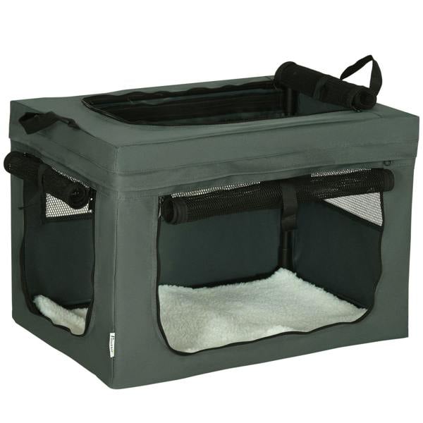 Grey pet carrier with cushion, front mesh door panels and black carry handle