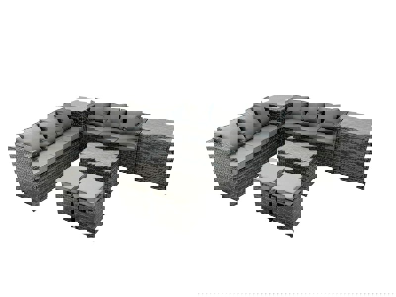 Fimous Rattan Garden Furniture Dining Set 8 seater Patio Coffee Table Sofa Set with Side Table 2 Small Footstools Dark Grey Mixed