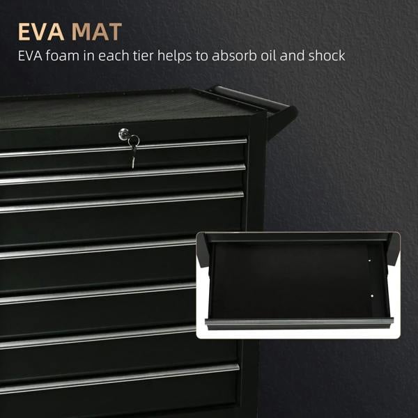 Matte black 7-drawer tool cabinet with textured top mat and key lock