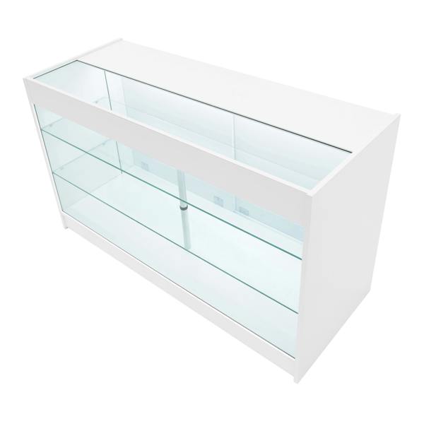 Astro LED Shop Counter Set in white with glass shelves, featuring a sleek design and modern aesthetic for retail displays