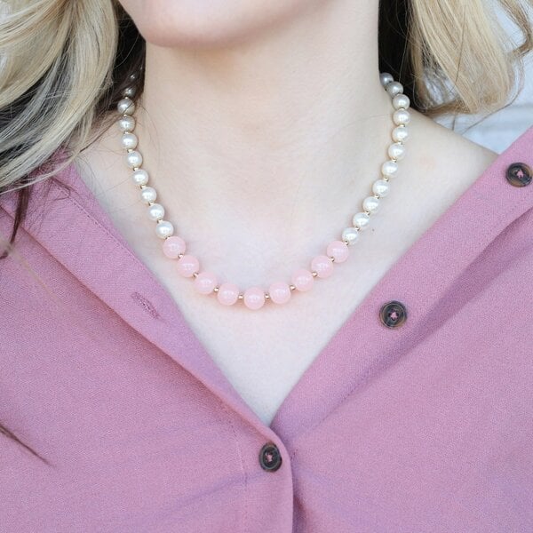 The Colourful Aura Large Ivory and Pink Round Pearl Bridesmaid Statement Choker Necklace