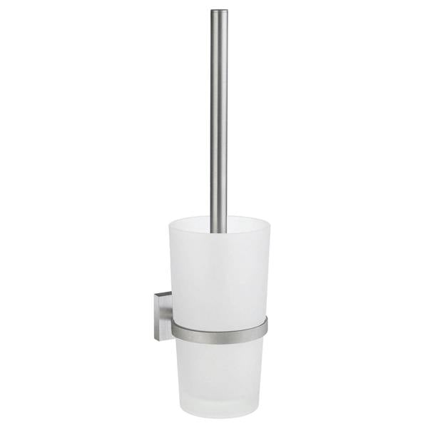 Brushed chrome toilet brush with frosted glass holder