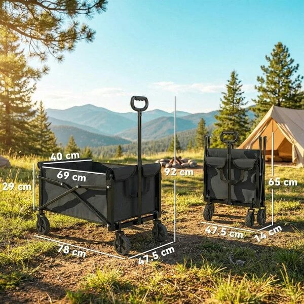 Bobobiy 81L Festival Trolley on Wheels, Compact Garden Folding Trolley Cart with Adjustable Handle 80L Black