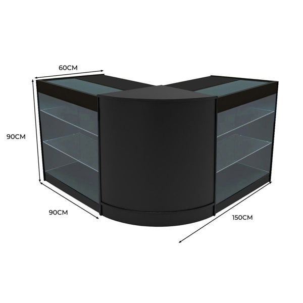 Curved black LED shop counter set with glass shelves, measuring 60cm by 150cm, ideal for retail displays and product showcases