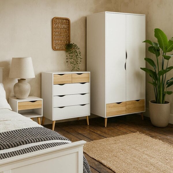 Wyld Haus Sapporo 4 Piece Bedroom Set - Wardrobe + 2 Bedsides Table + Chest of Drawers White and Natural Oak Effect