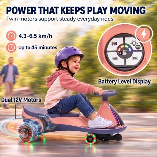 AIYAPLAY 2-In-1 12V Electric Wiggle Car with 2 Speeds, PU Wheels, Pink