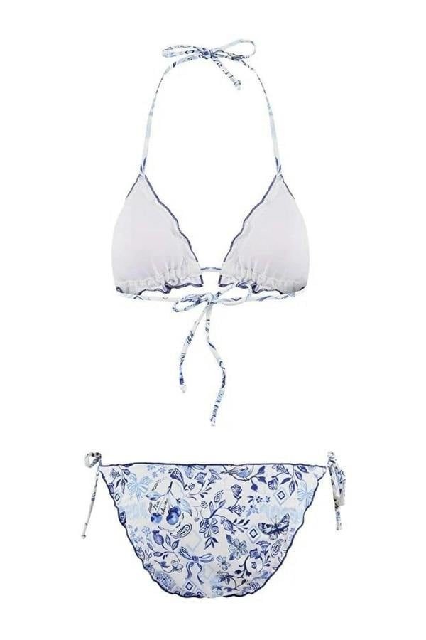 WOVCOR Floral Patterned Triangle Covered Ruffled Low Waist Regular Bikini Set