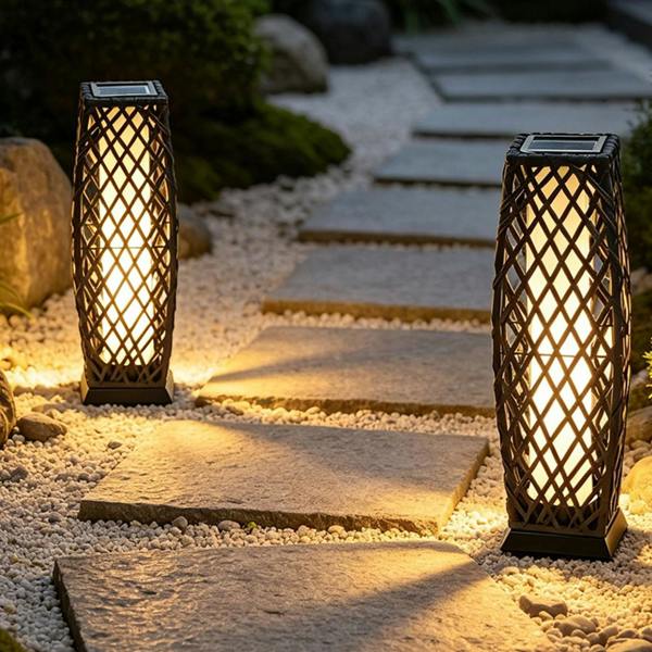 Gr8 Garden Set of 2 Solar Rattan Lantern Floor Lamps LED Garden Lights Charcoal