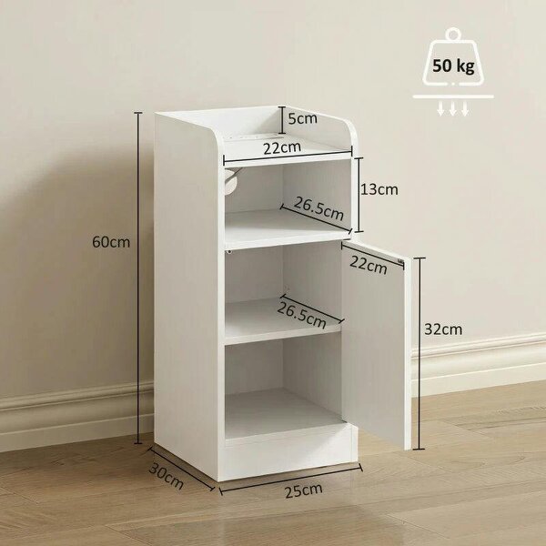 Slim Bedside Table Set of 2 with Charging Station, Narrow Bedside Cabinet with Adjustable Shelf, White