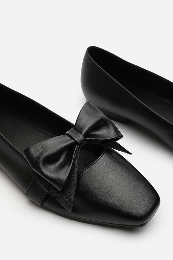 Where's That From Jessica Pointed Toe Ballet Flats With Bow Detail In Black Faux Leather