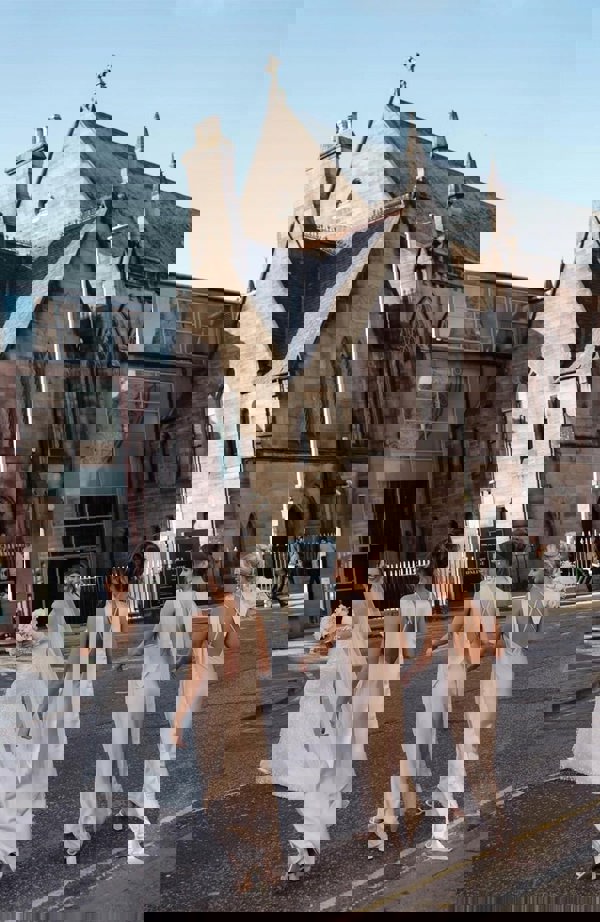 Champagne satin strappy slip bridesmaids occasion wear dress.