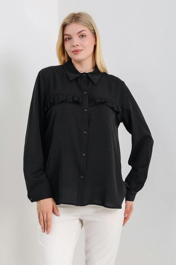 Hoxton Gal Oversized Frill Detailed Long Sleeves Blouse Shirt in Black