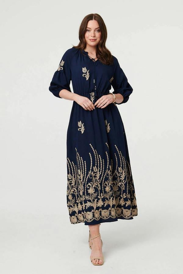 Navy | Floral Embroidered 3/4 Sleeve Maxi Dress