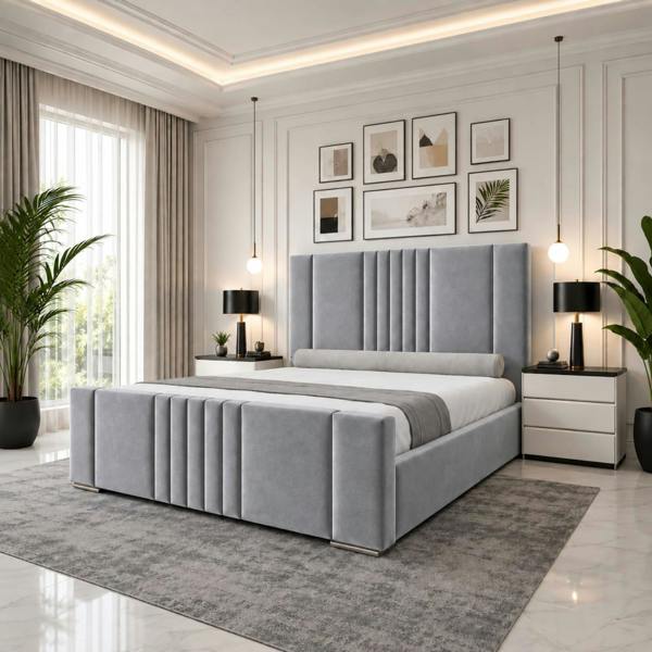 Paradise Beds Luxury Panel Upholstered Bed Frame with Tall Headboard and Mattress