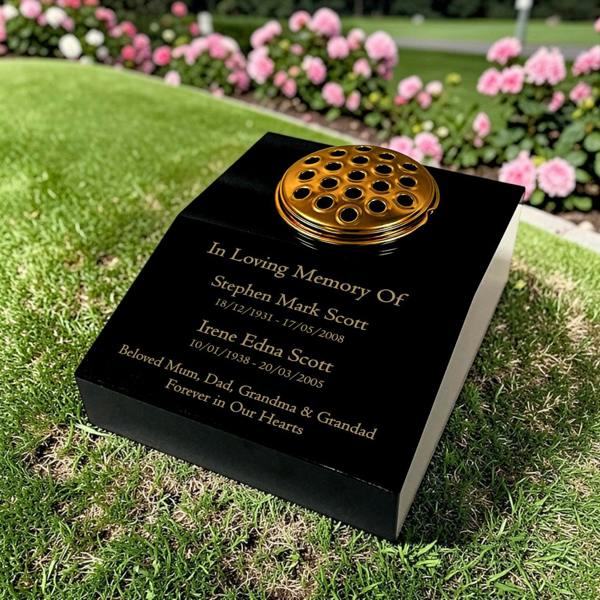 Memorials Direct Black Granite Sloping Memorial Desk with Vase for Two Names Free Gold Engraving