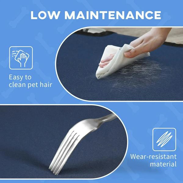 Blue pet bed surface being wiped clean with a hand sponge