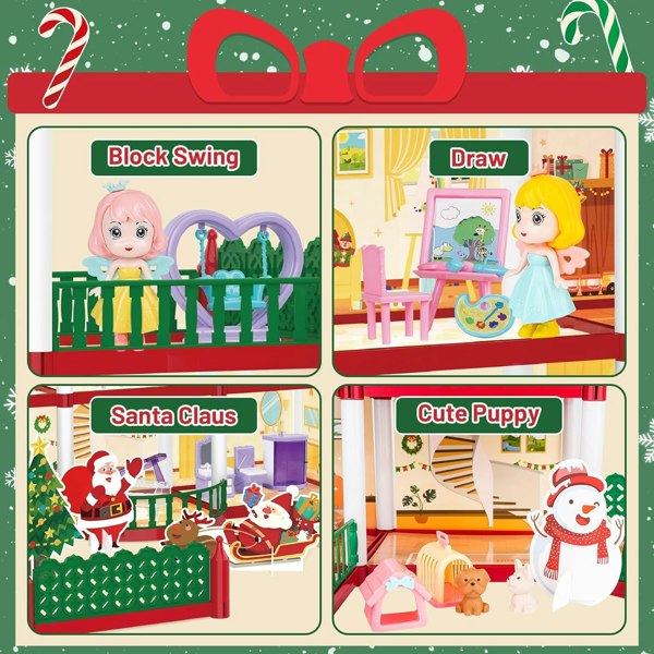 deAO Toys Christmas Doll House Playset – 3D DIY Two-Floor Dream House with Garden & Accessories Pretend Play Princess House Gift for Kids Ages 3+