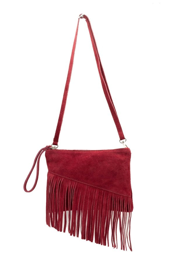 Kitise Small Multi-Functionla Fringe Italian Suede Leather Wristlet Purse Bag Crossobody Handbag